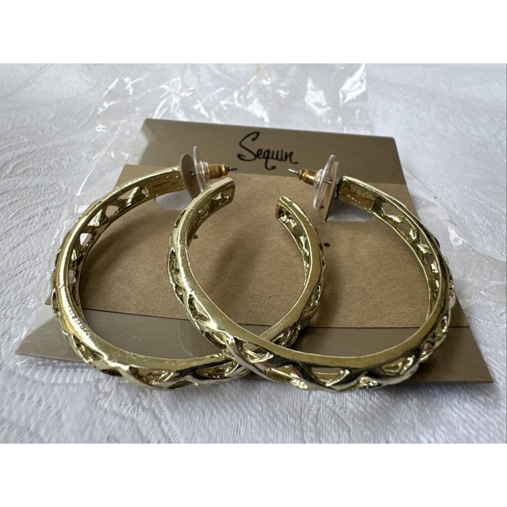 Sequin Brand Hoop Earrings Bohemian Gold Tone 1 3/4" Openwork Infinity NEW $34
